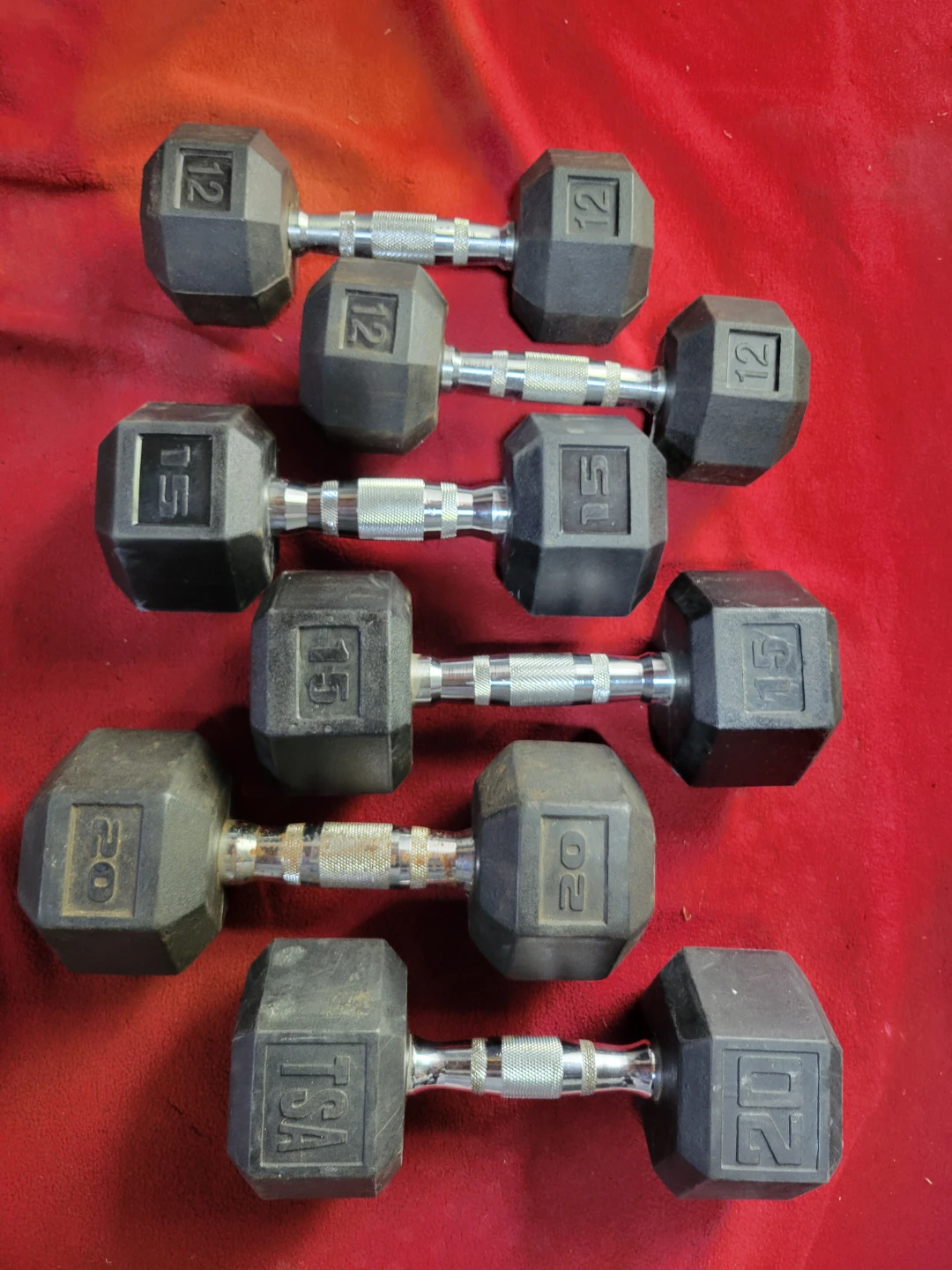SETS OF 12s 15s 20s RUBBER COATED HEXHEAD DUMBBELLS TOTAL 92LBs