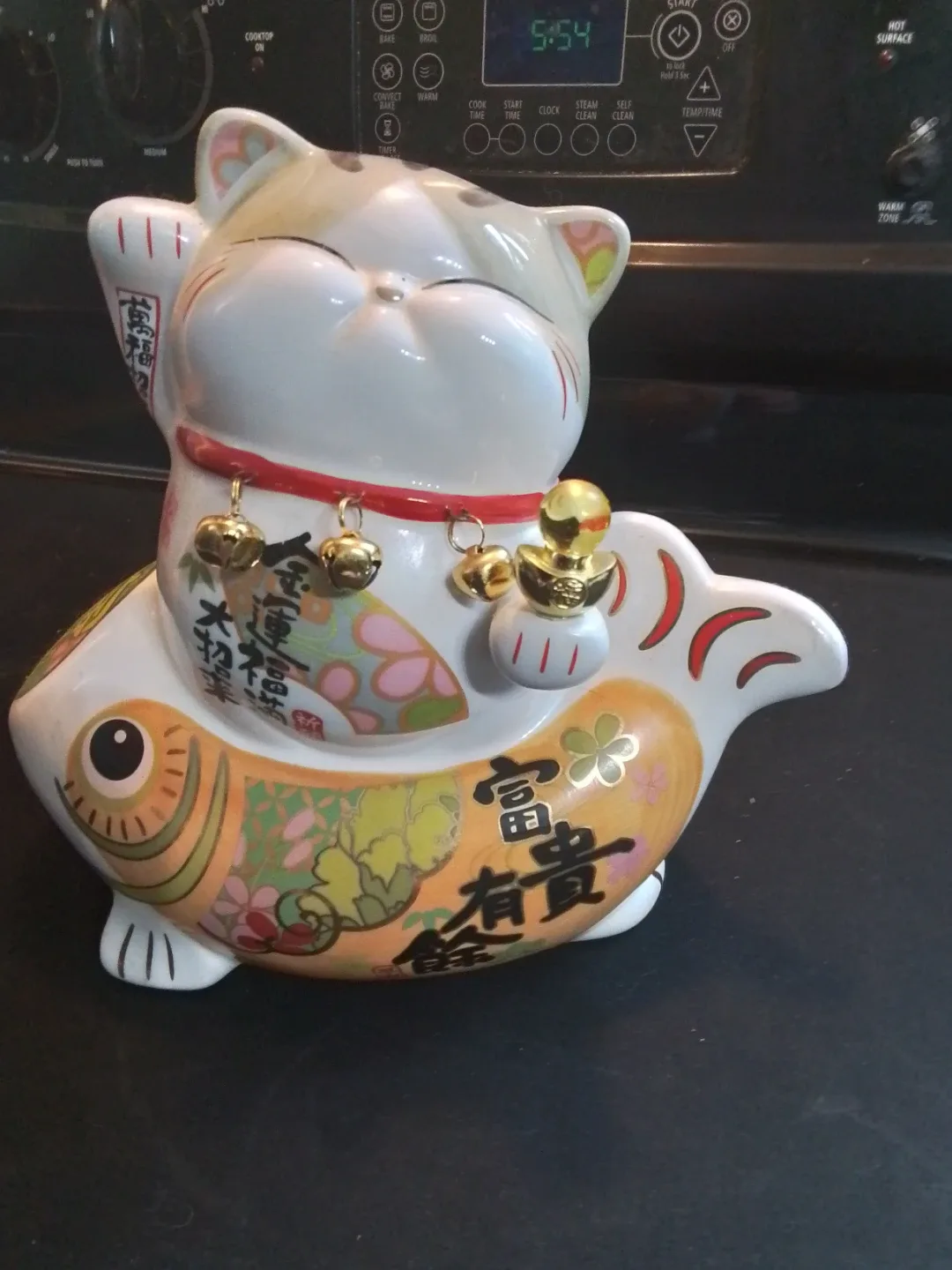 Maneki Neko Cat on Fish Coin Bank - photo 2