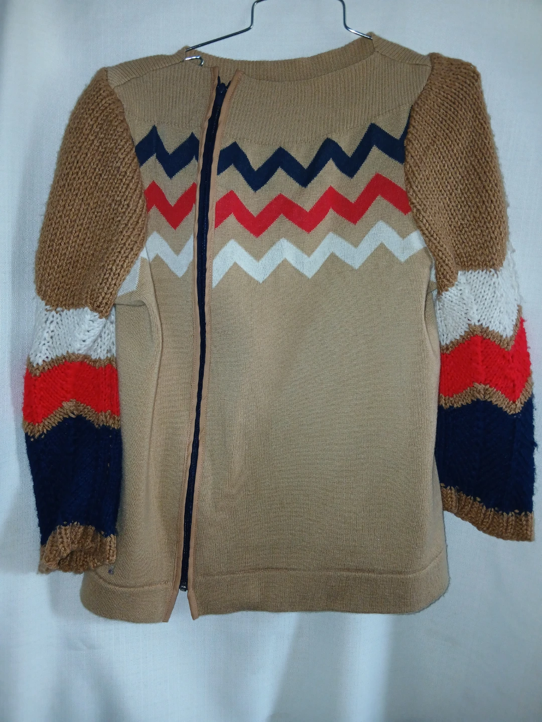 Brown Knit Chevron Zip-Up Sweater