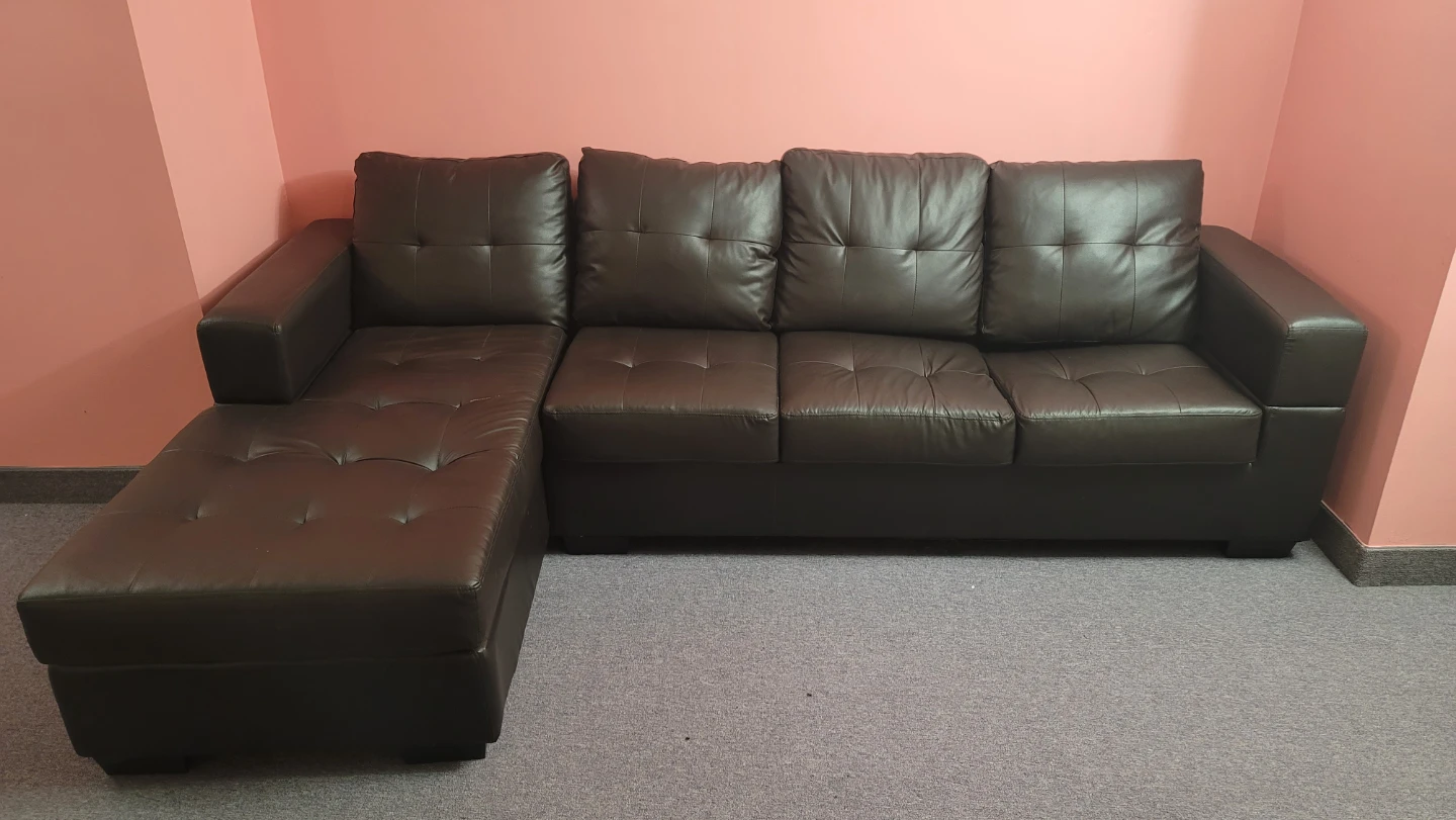 Brown Faux Leather Sectional Sofa with Ottoman