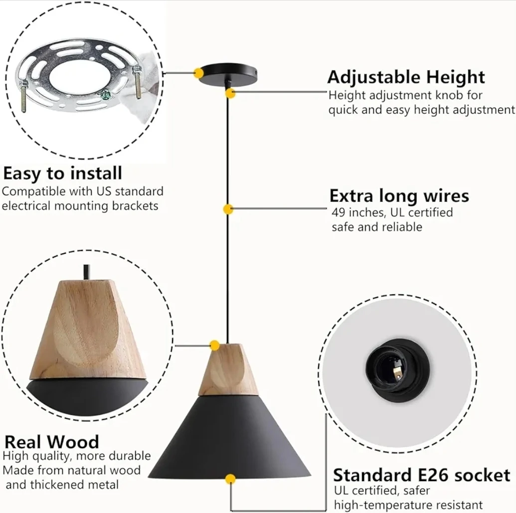 Modern Pendant Light, Black Wood Hanging Lamp - photo 3