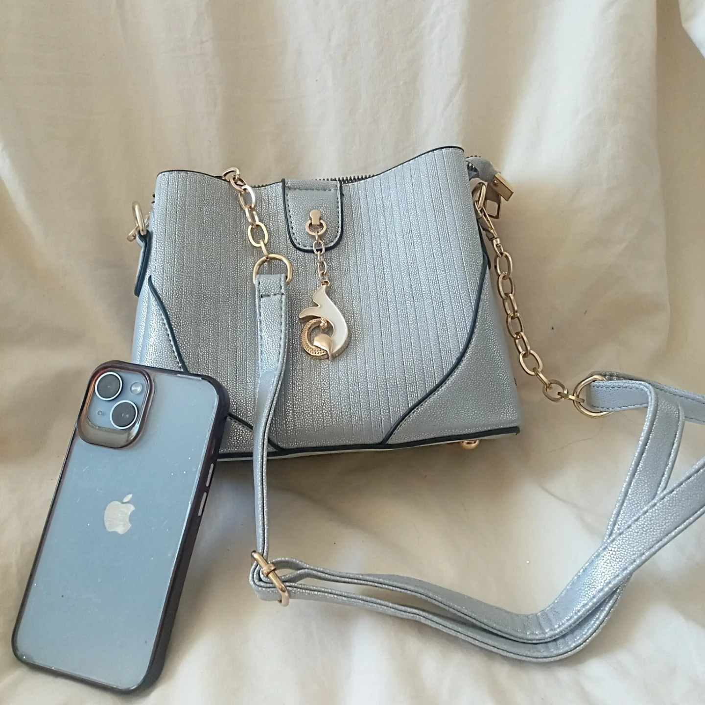 Silver Blue Textured Handbag with Chain Strap