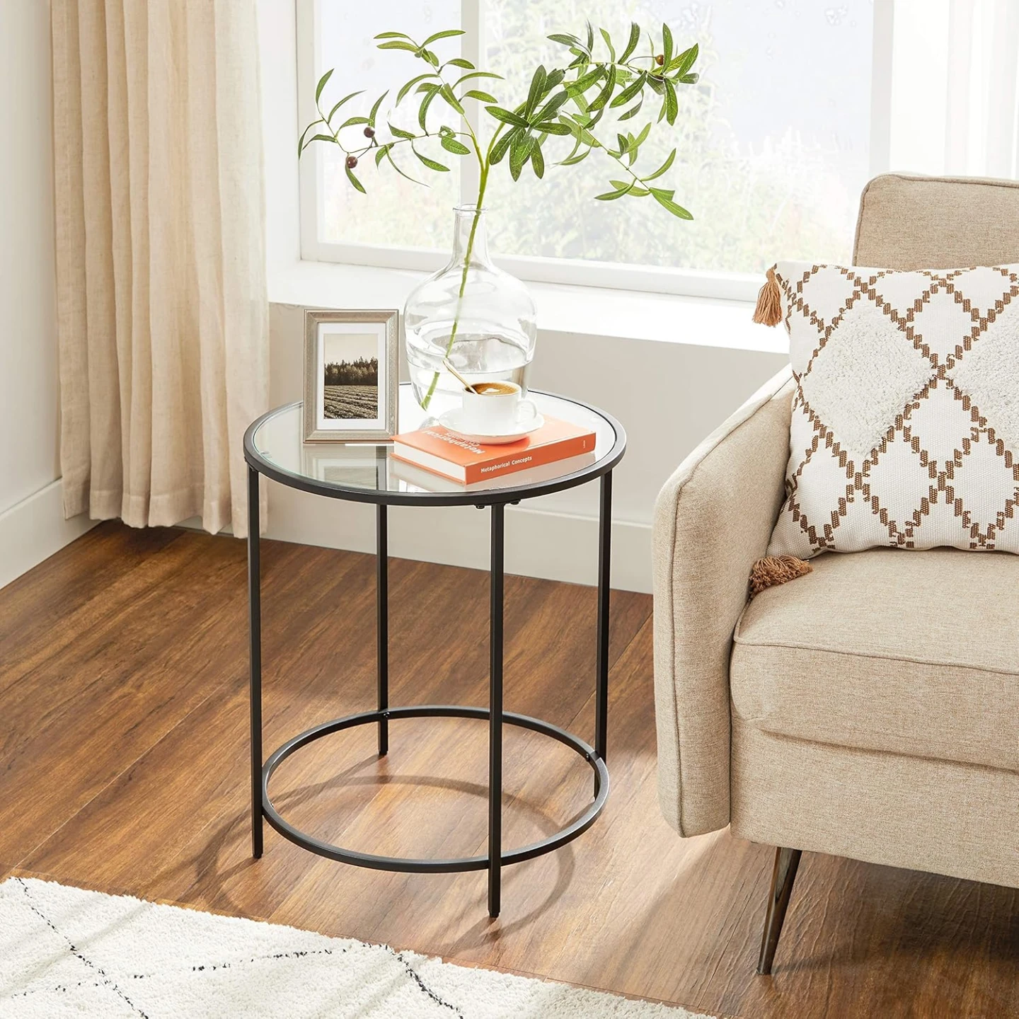 VASAGLE Round Side Table, Glass End Table with Metal Frame - photo 5