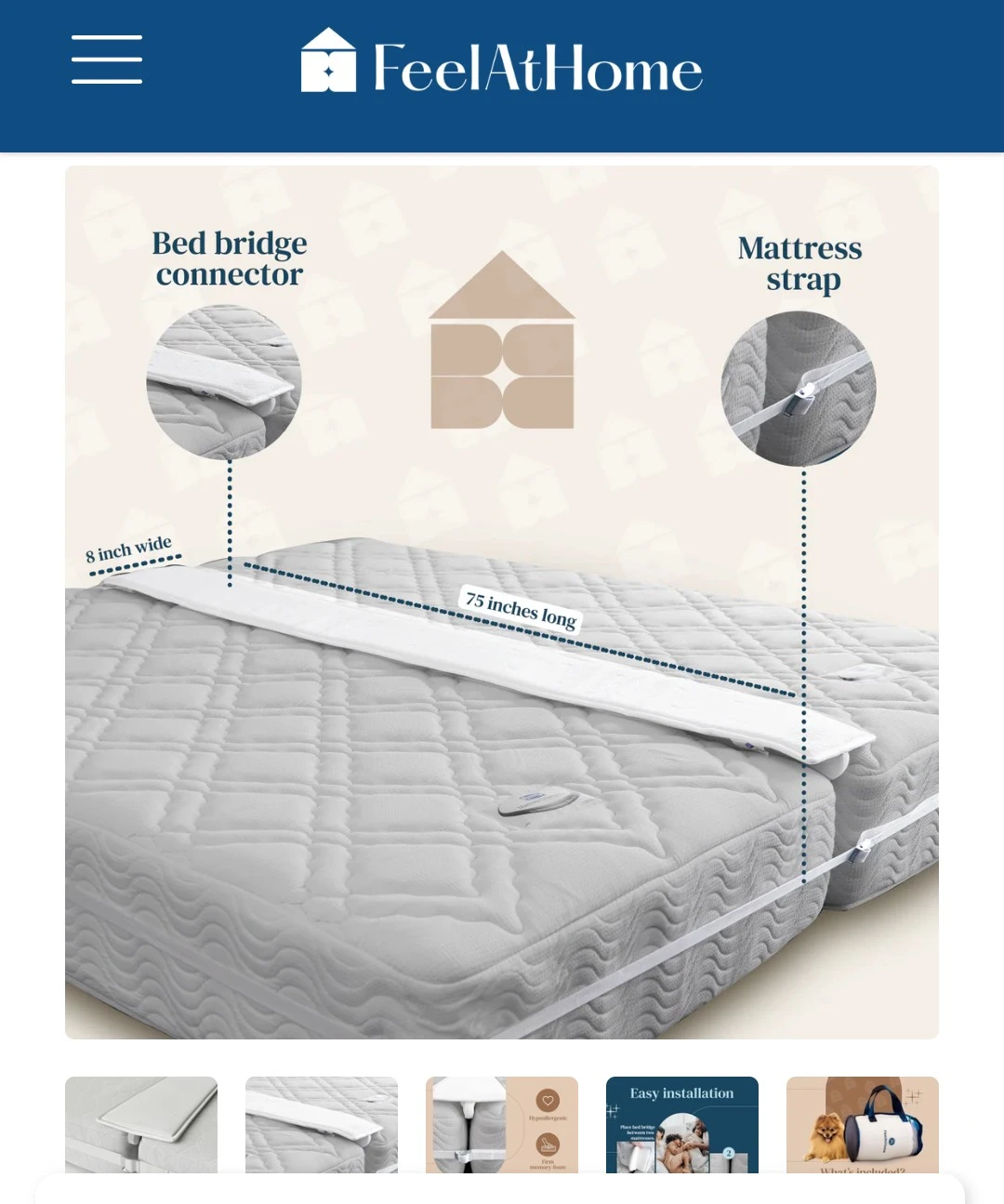 FeelAtHome Classic Bed Bridge Set - 8-inch Wide