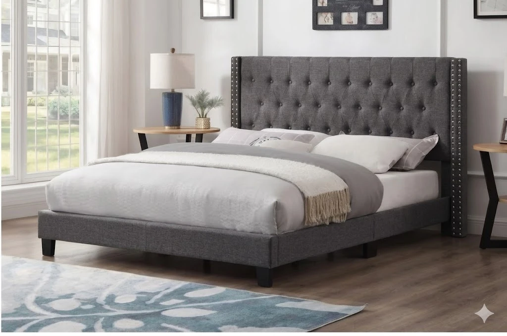 Tufted Upholstered Bed Frame with Wingback Headboard - photo 2