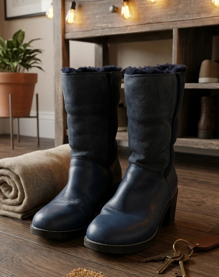 Blue Suede and Leather Boots with Fur Lining
