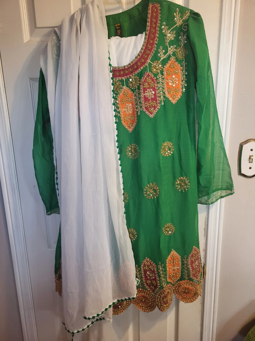 Green Embroidered Kameez with White Dupatta