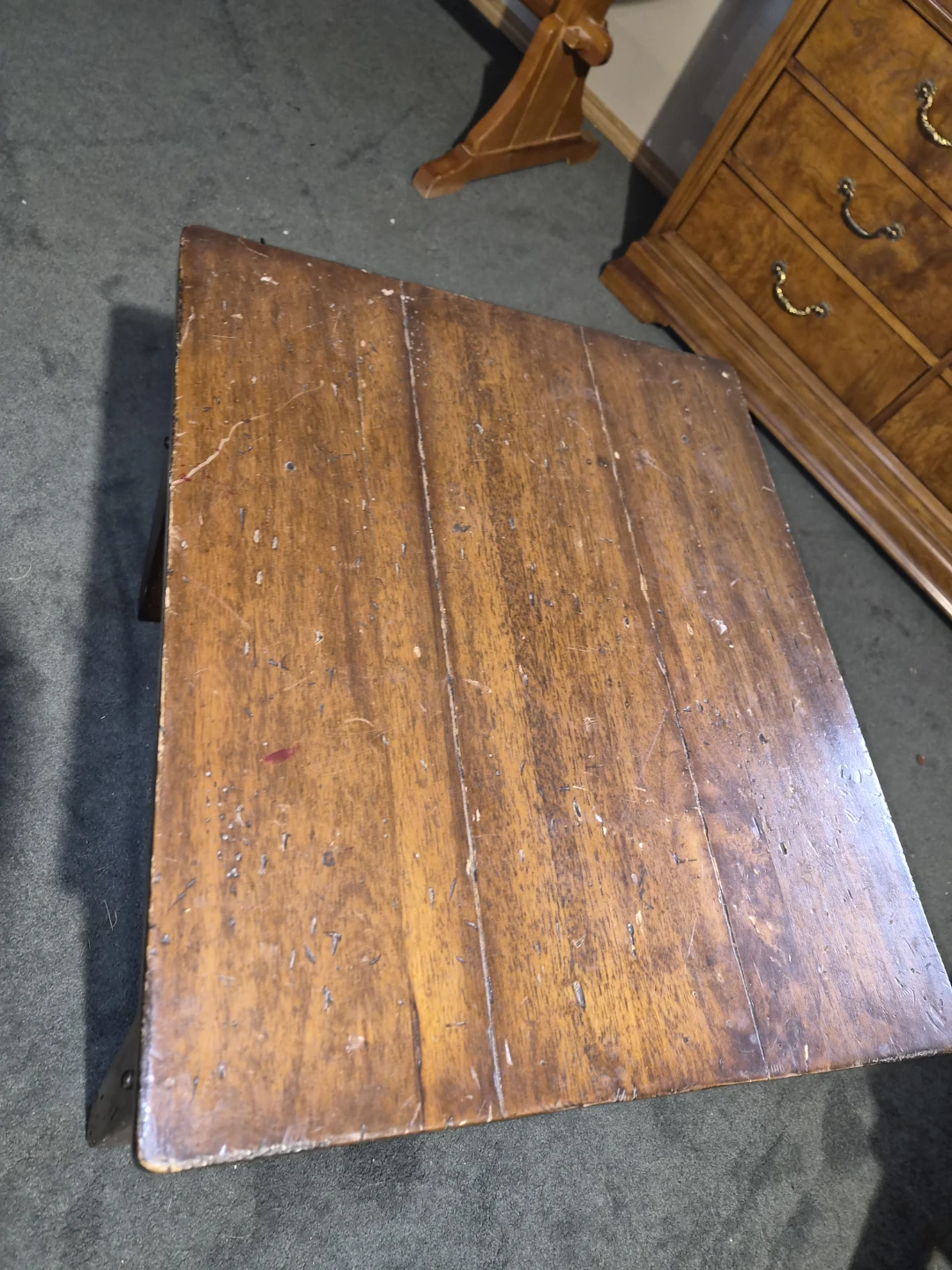 Wooden Side Table with Ornate Metal Accent