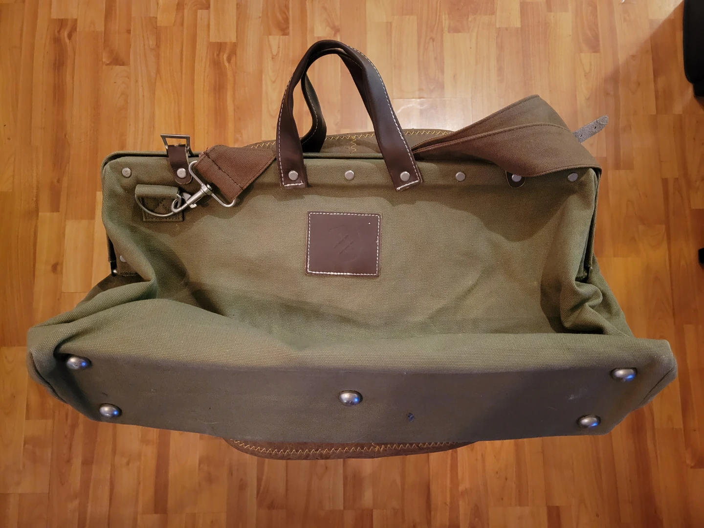 Olive Green Canvas Duffle Bag with Leather Accents