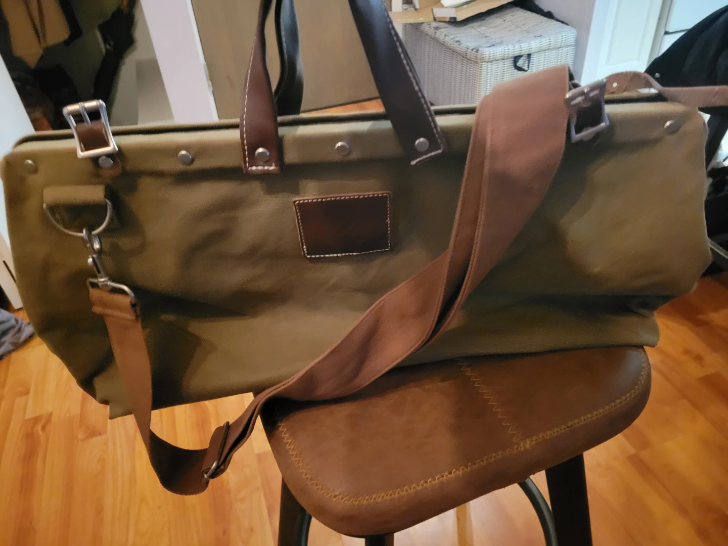 Olive Green Canvas Duffle Bag with Leather Accents - photo 2