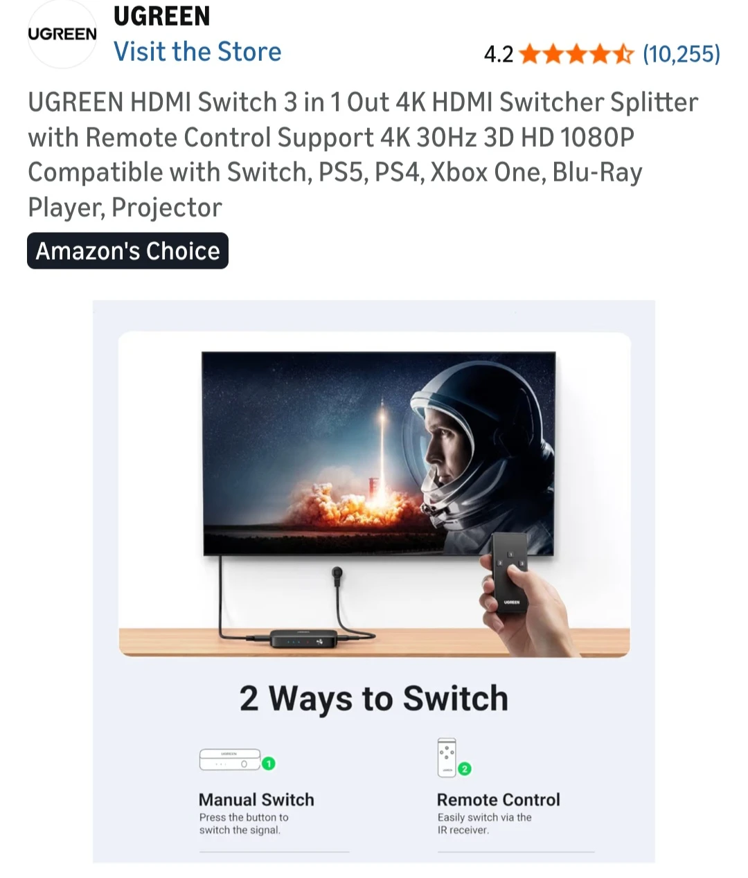 UGREEN HDMI Switcher 3 In 1 Out 4K