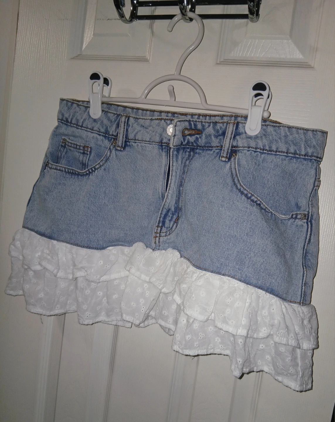 Denim Mini Skirt with Lace Ruffle Trim - Size 10