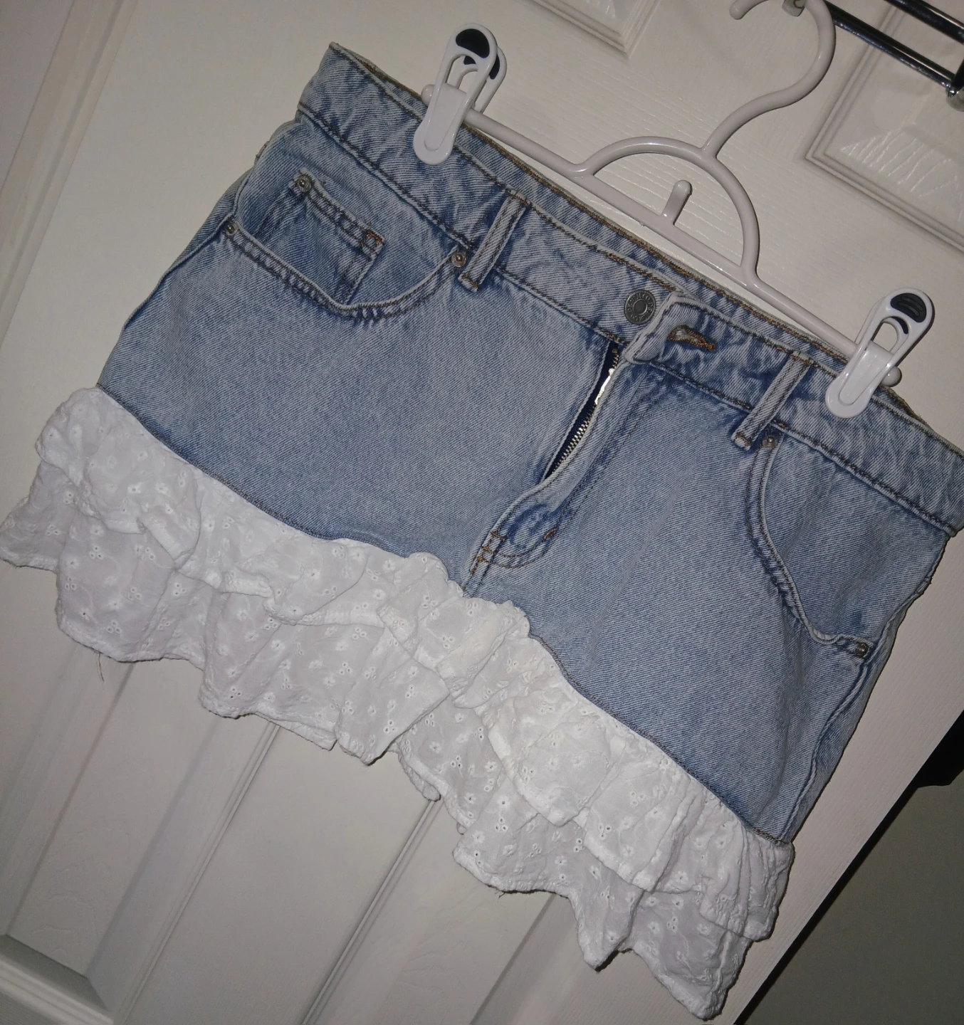 Denim Mini Skirt with Lace Ruffle Trim - Size 10 - photo 2
