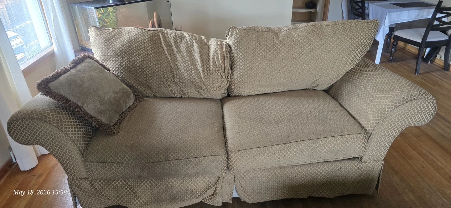 Tan Patterned Loveseat Sofa with Throw Pillow
