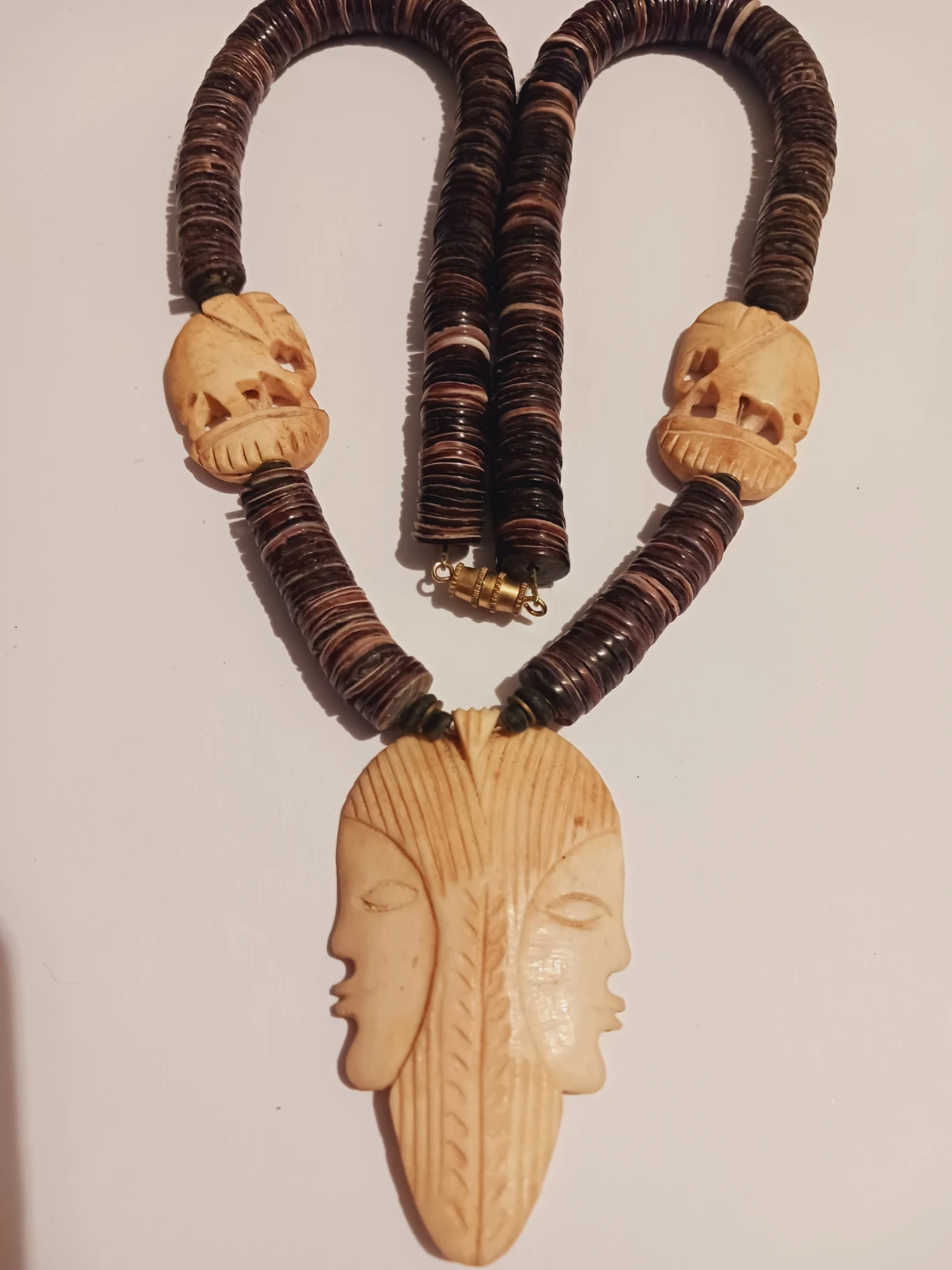 Beautiful African Carved Face & Elephants Beaded Necklace - photo 4