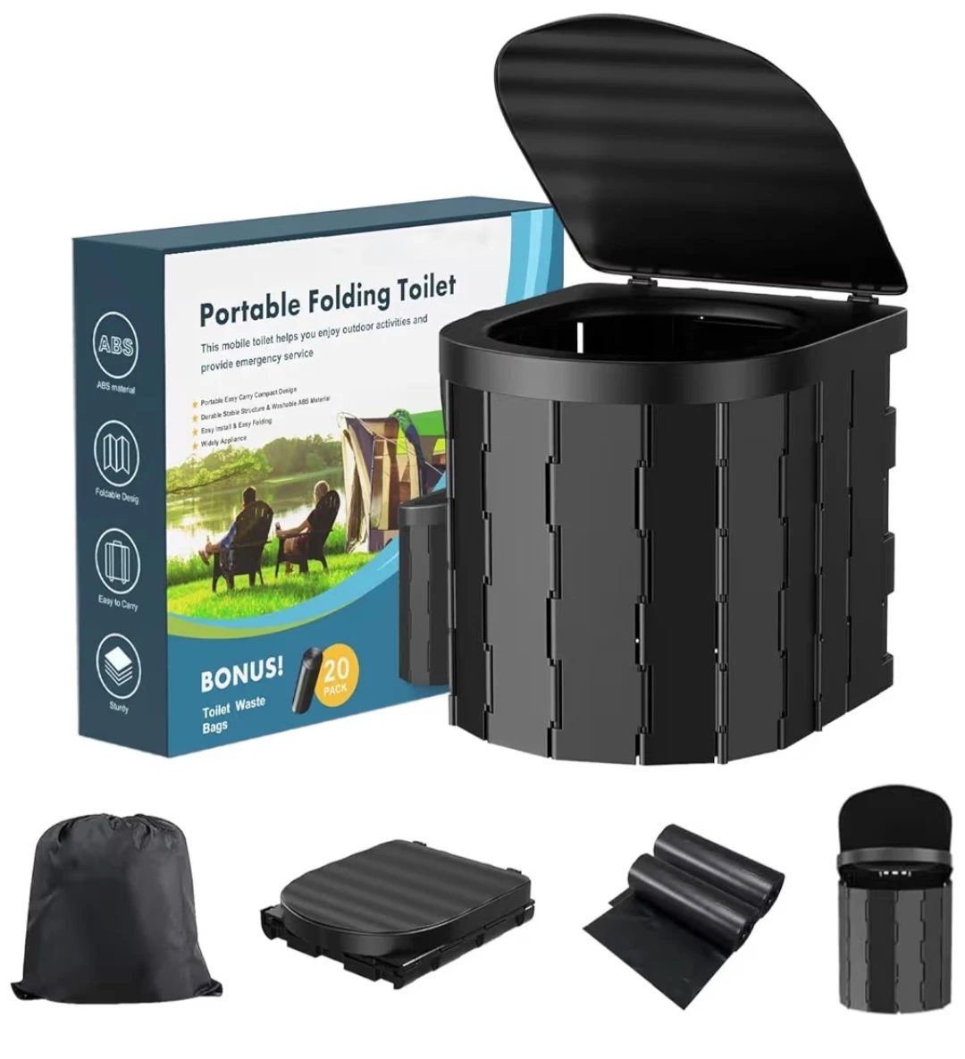 FQMO Portable Folding Toilet with Lid and 20 Waste Bags - photo 2