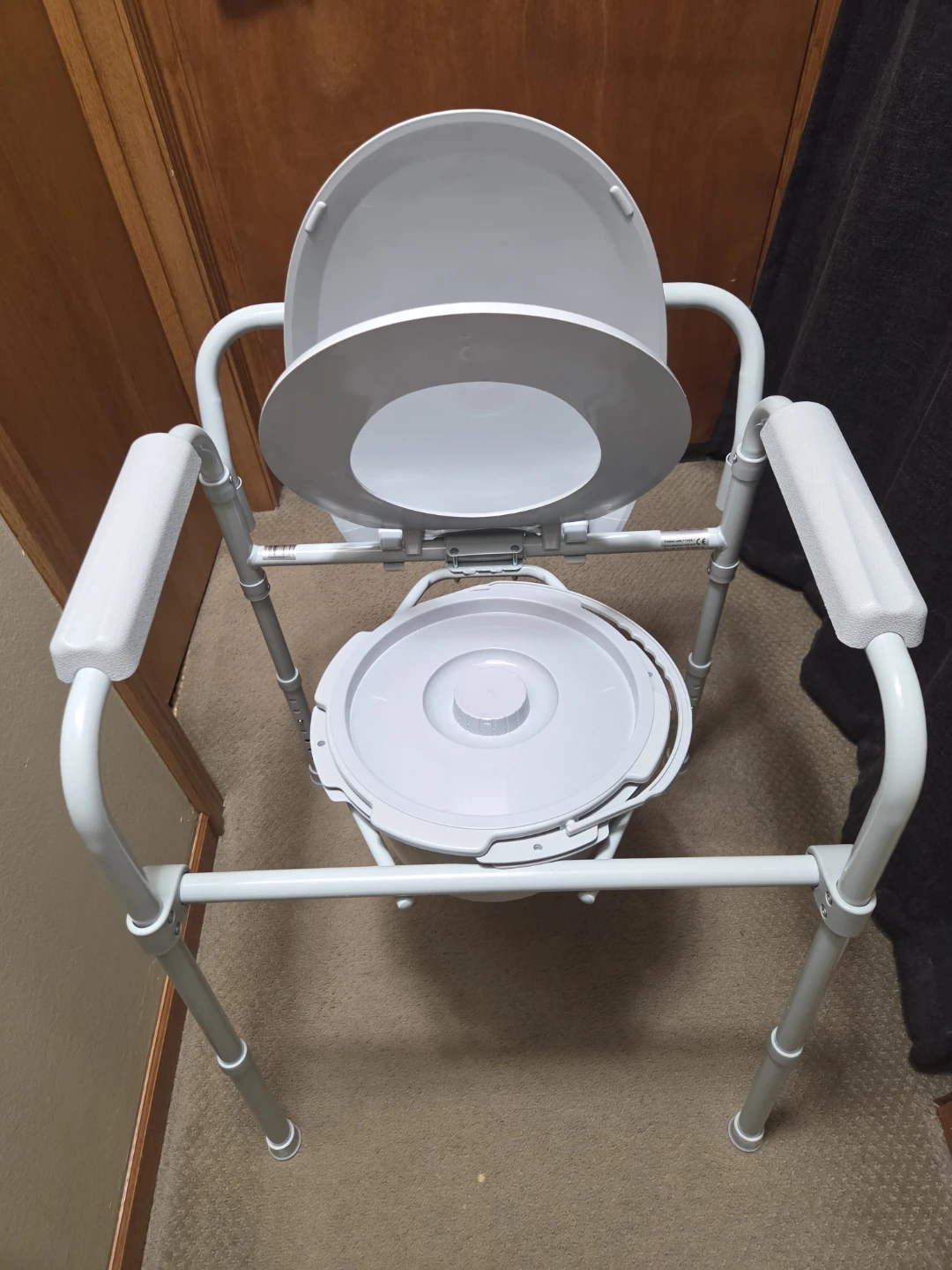 White Commode Toilet Chair with Padded Arms and Bucket - photo 2
