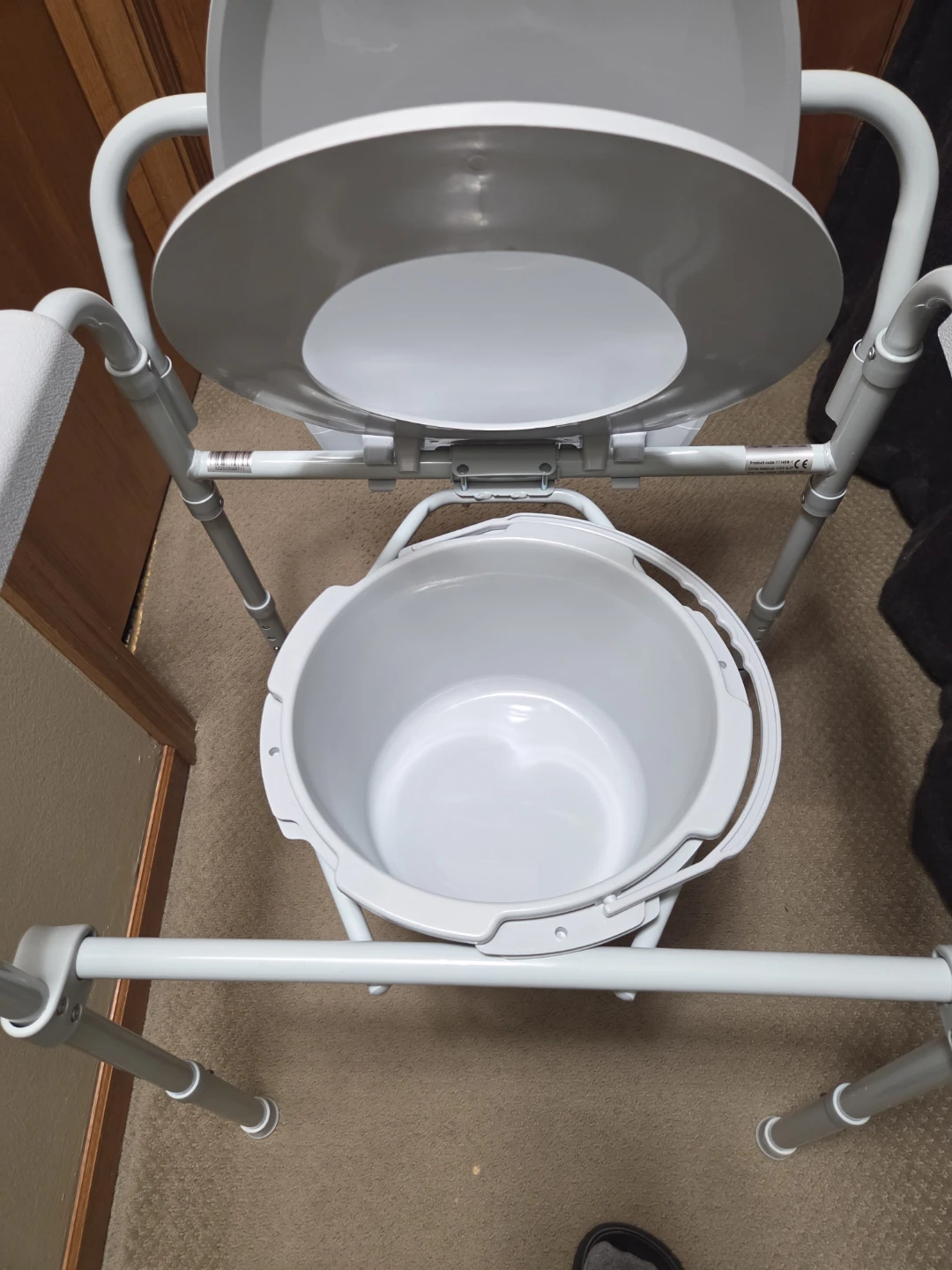 White Commode Toilet Chair with Padded Arms and Bucket - photo 3