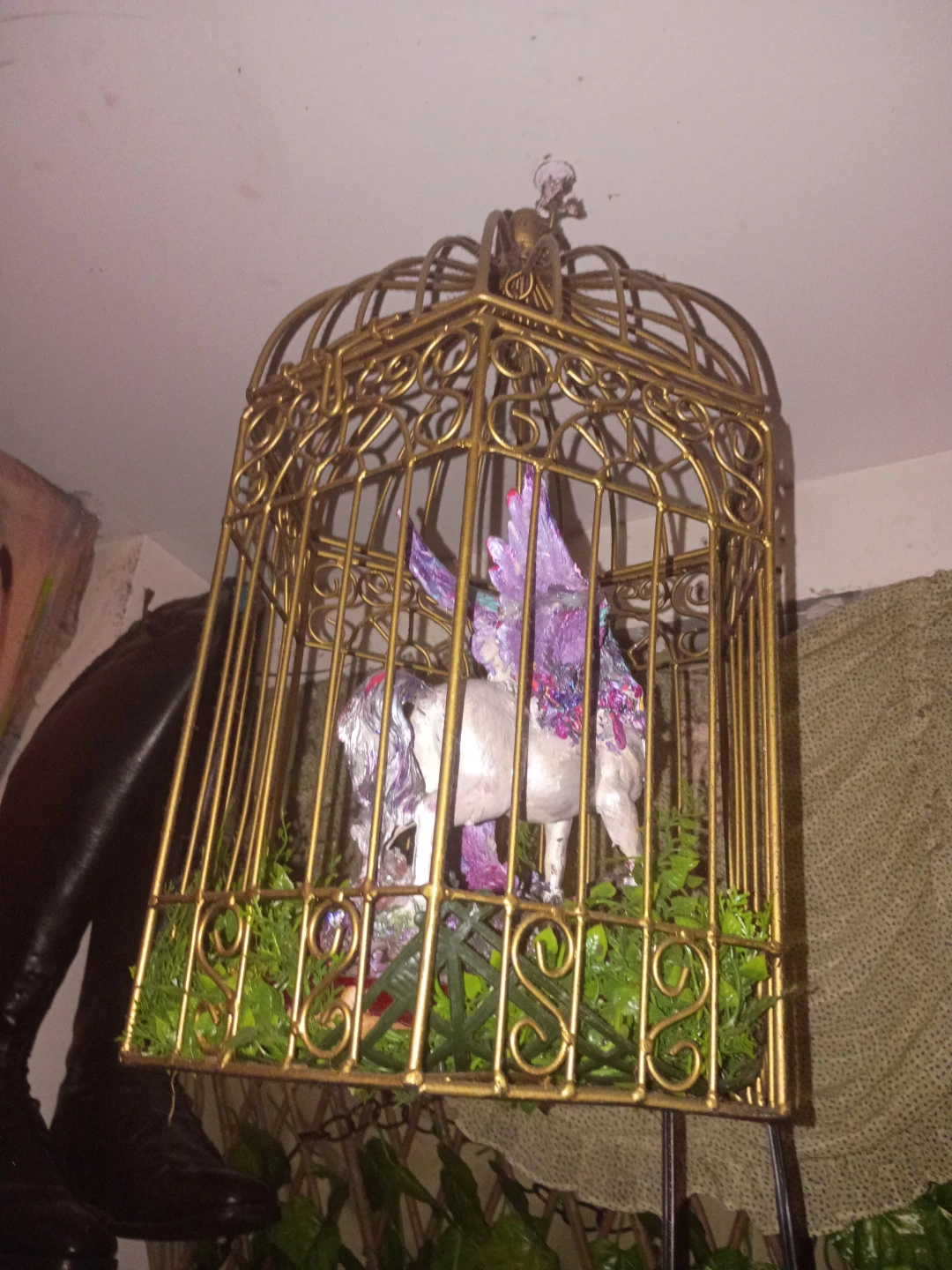 Decorative Golden Birdcage with Unicorn Figure