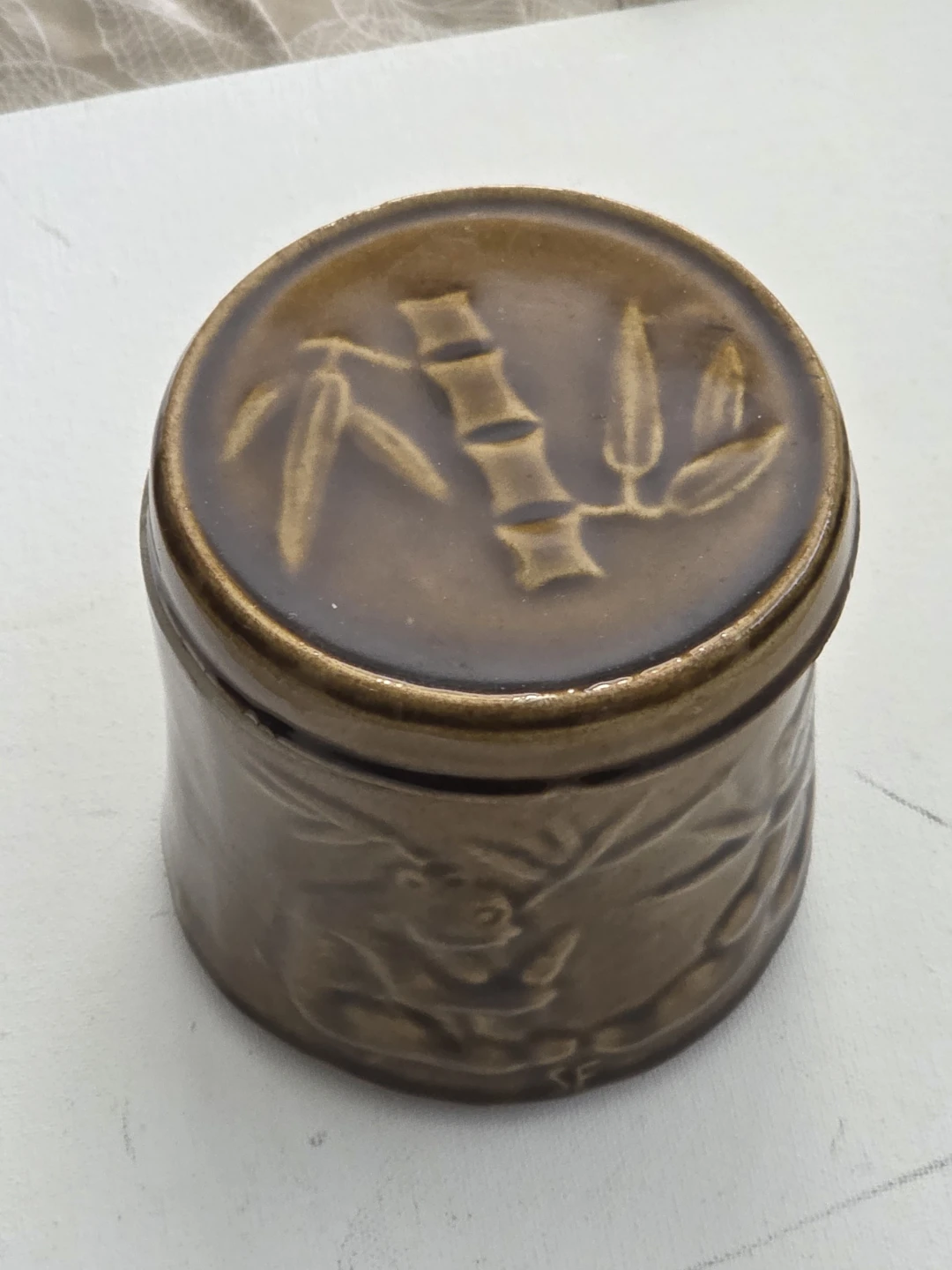 Shelia Fournier Brown Ceramic Pot with Bamboo Design