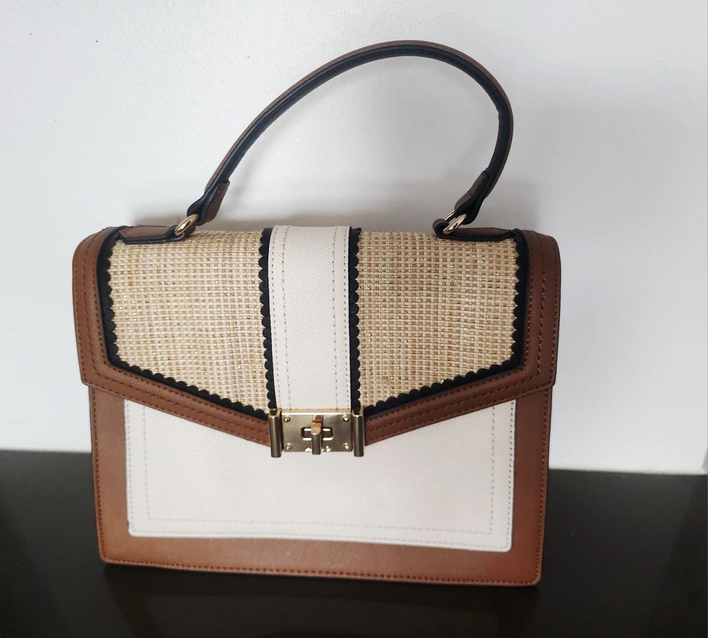 ALDO Brown and White Woven Satchel Handbag