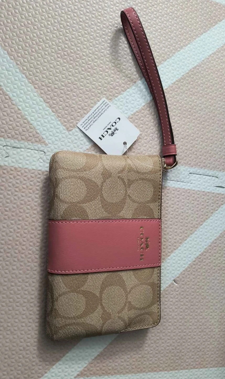 Coach Signature Canvas Wristlet with Pink Stripe