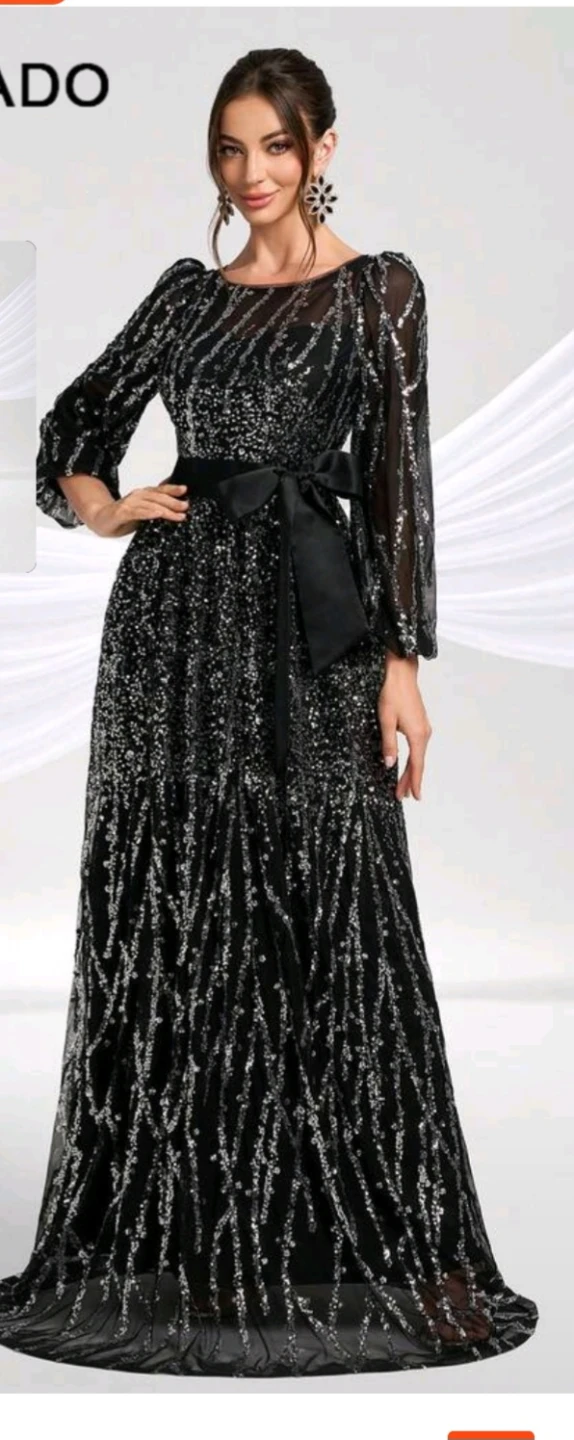 Black Sequin Evening Gown with Bow Belt
