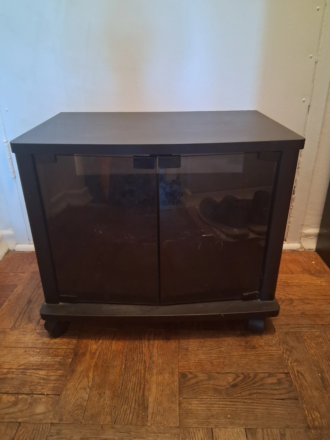 Dark Wood Entertainment Stand with Glass Doors