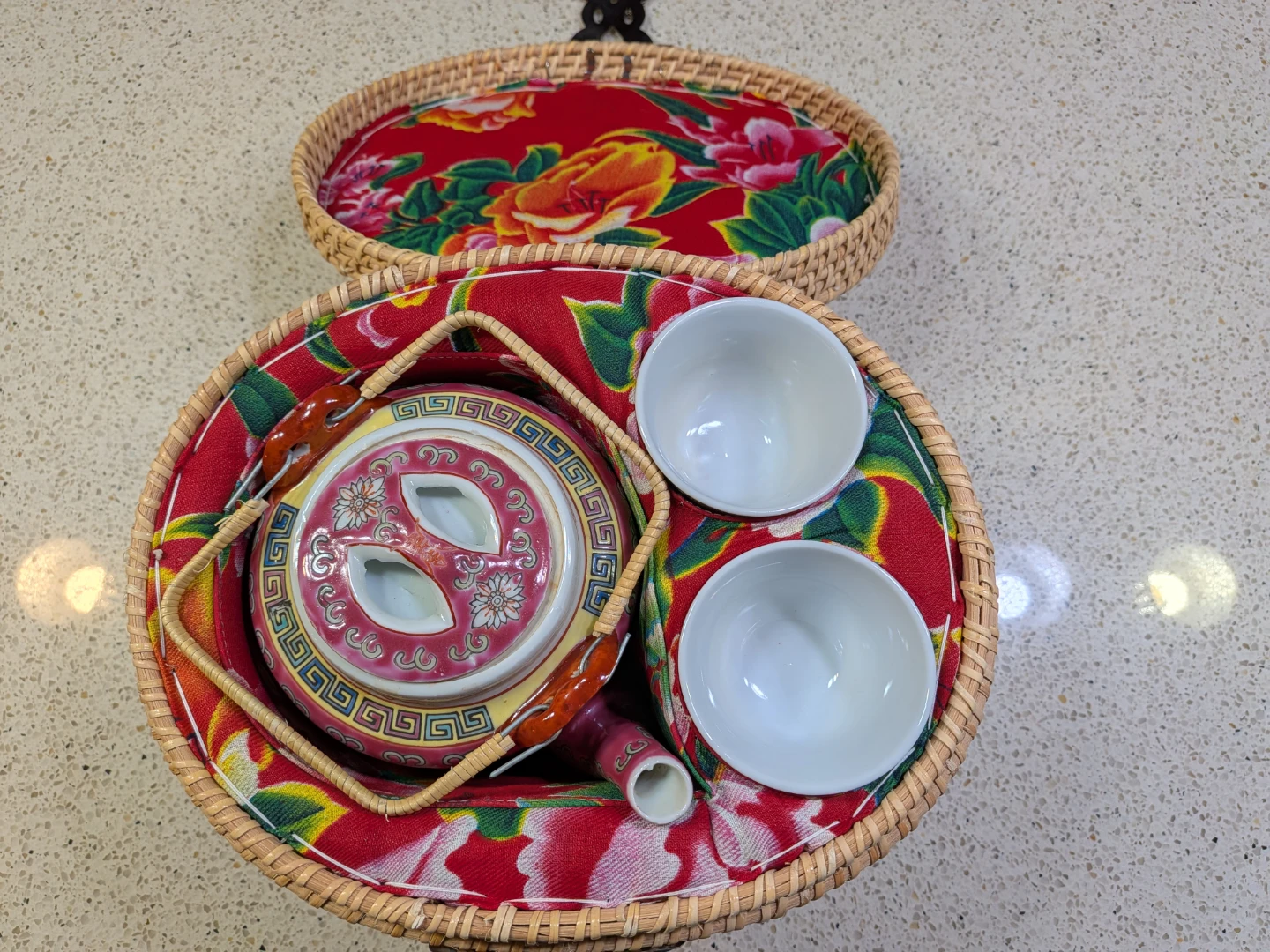 Vintage Ceramic Tea Set with Wicker Basket