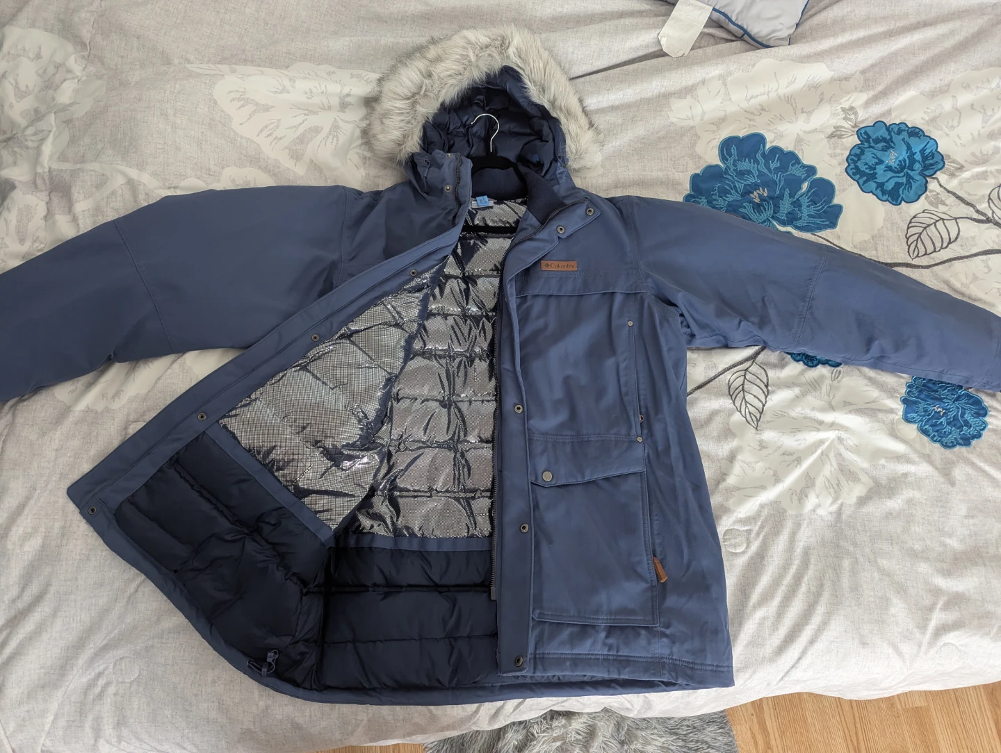 Columbia Blue Winter Jacket with Faux Fur Hood
