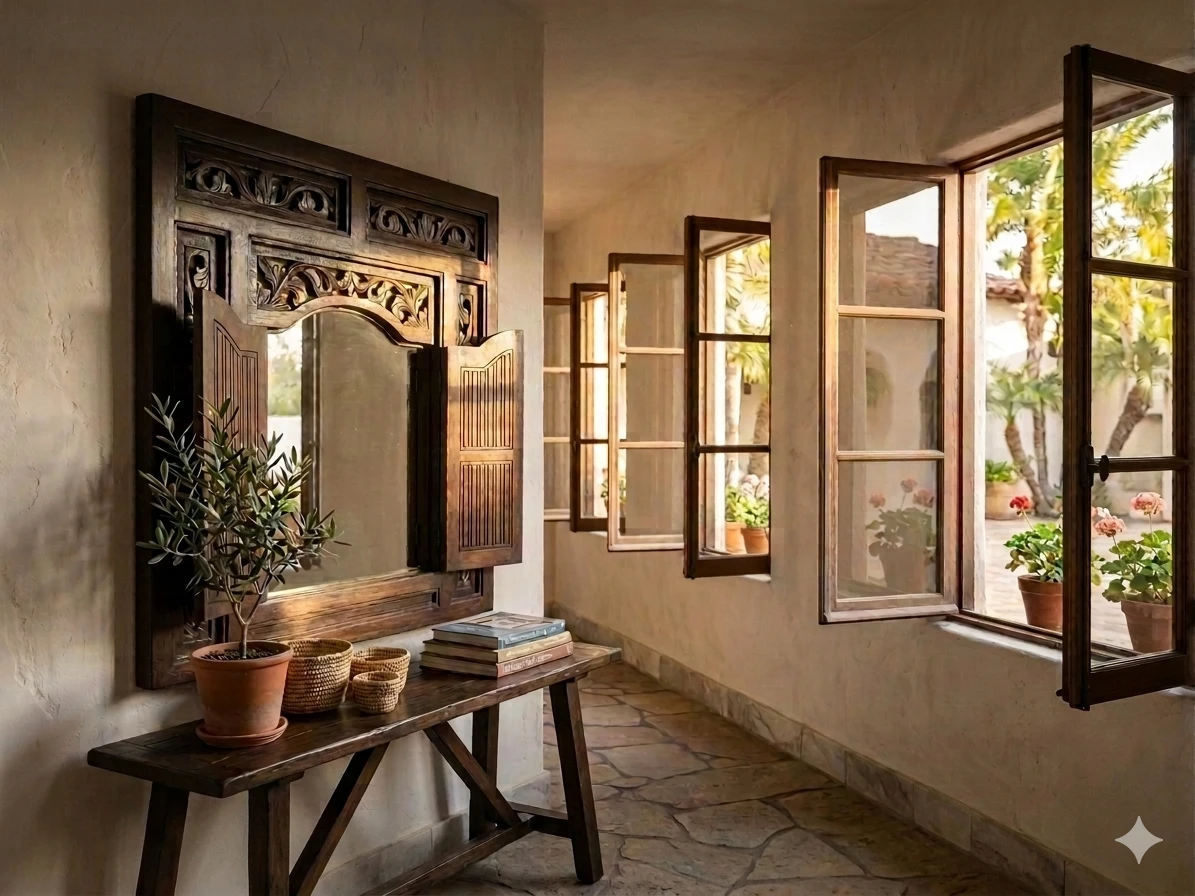 Mid-Century Solid Teak Hand-Carved Window Mirror - photo 3
