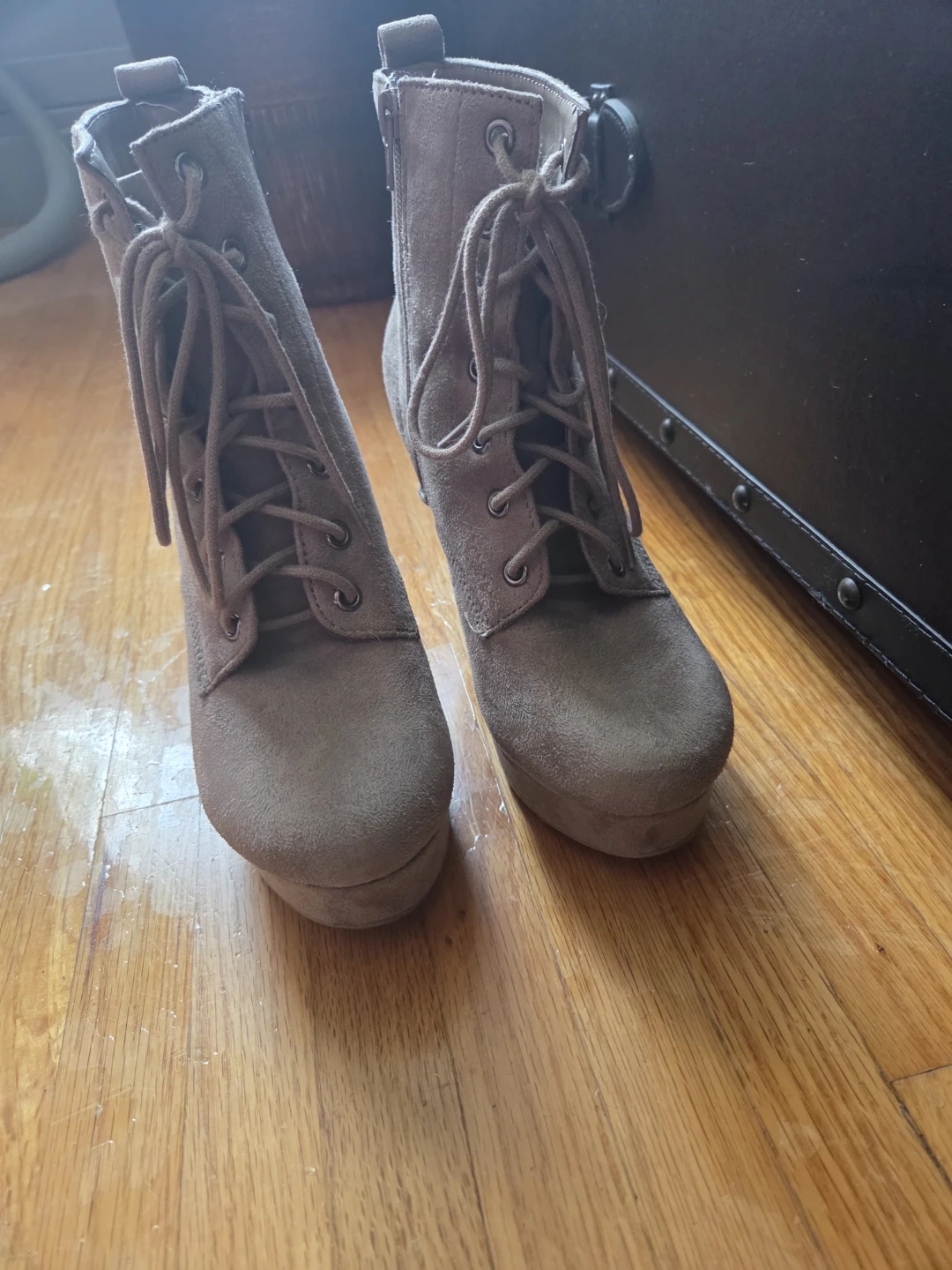Taupe Suede Lace-Up Wedge Ankle Boots - photo 3
