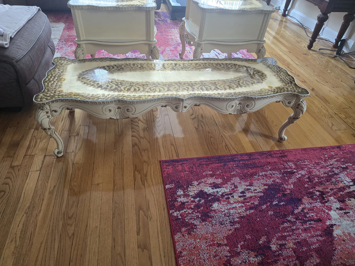 Vintage Side Tables & Coffee Table Set - Ivory/Gold