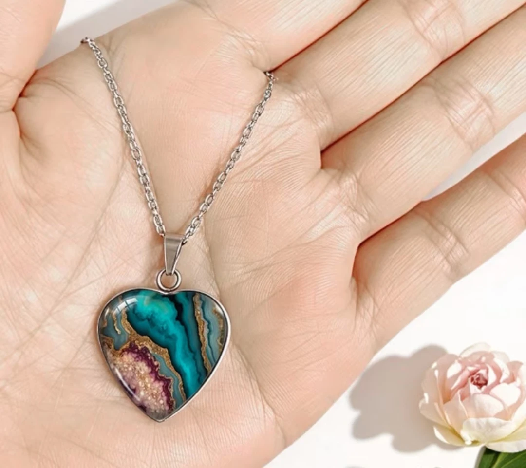 Indigo and Pink Inspired Heart Shaped Glass Pendant Necklace - photo 2