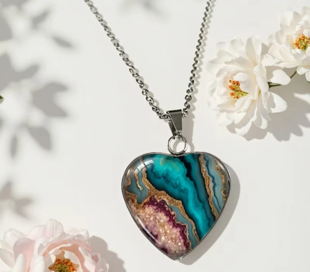 Indigo and Pink Inspired Heart Shaped Glass Pendant Necklace - photo 5