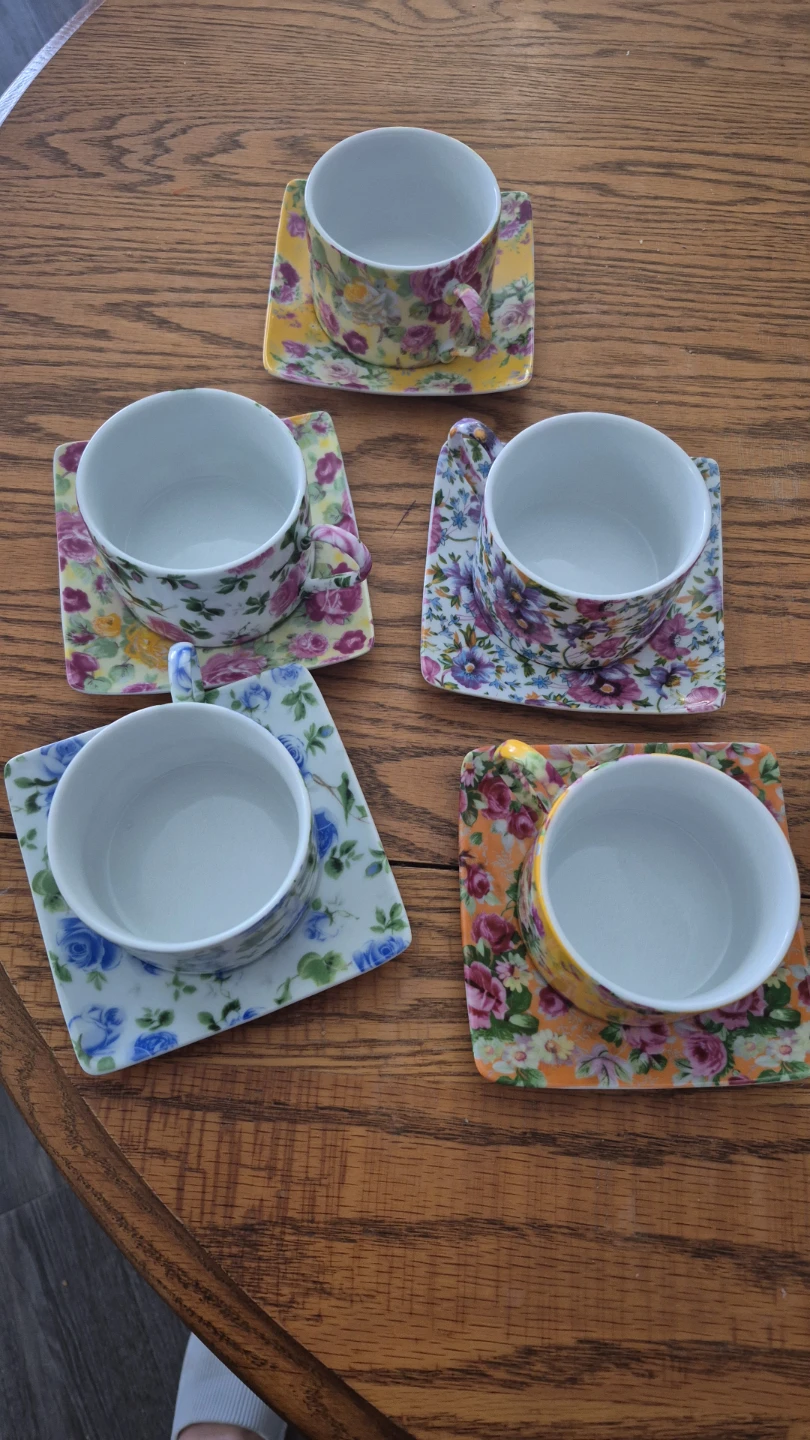 Set of 5 Floral Teacups and Saucers