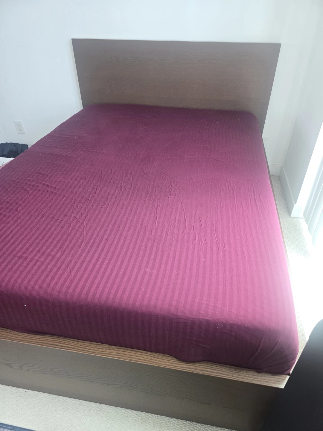 LAST CALL - Wooden Bed Frame with Maroon Fitted Sheet