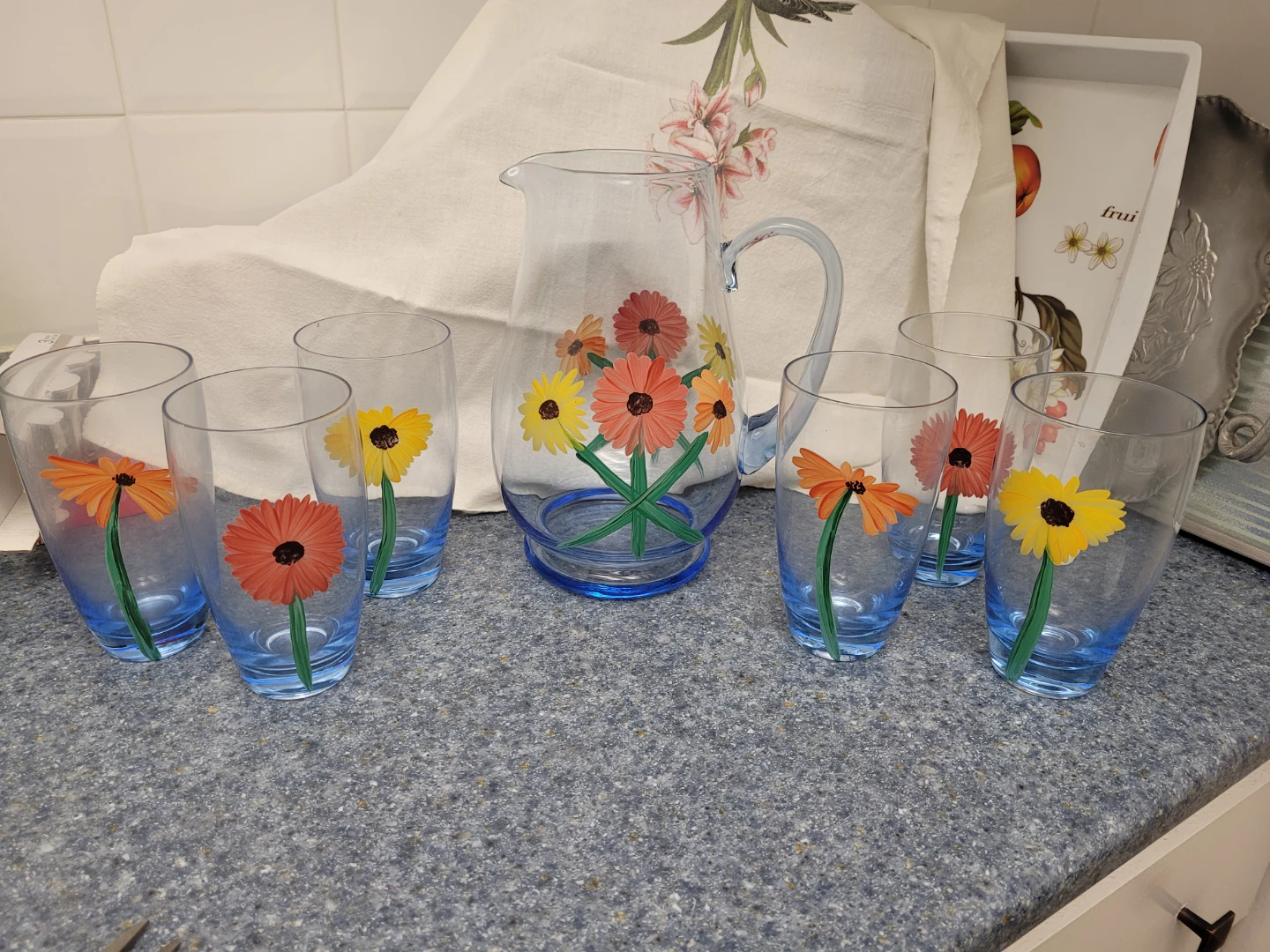 Pitcher and Glass Set with Floral Design