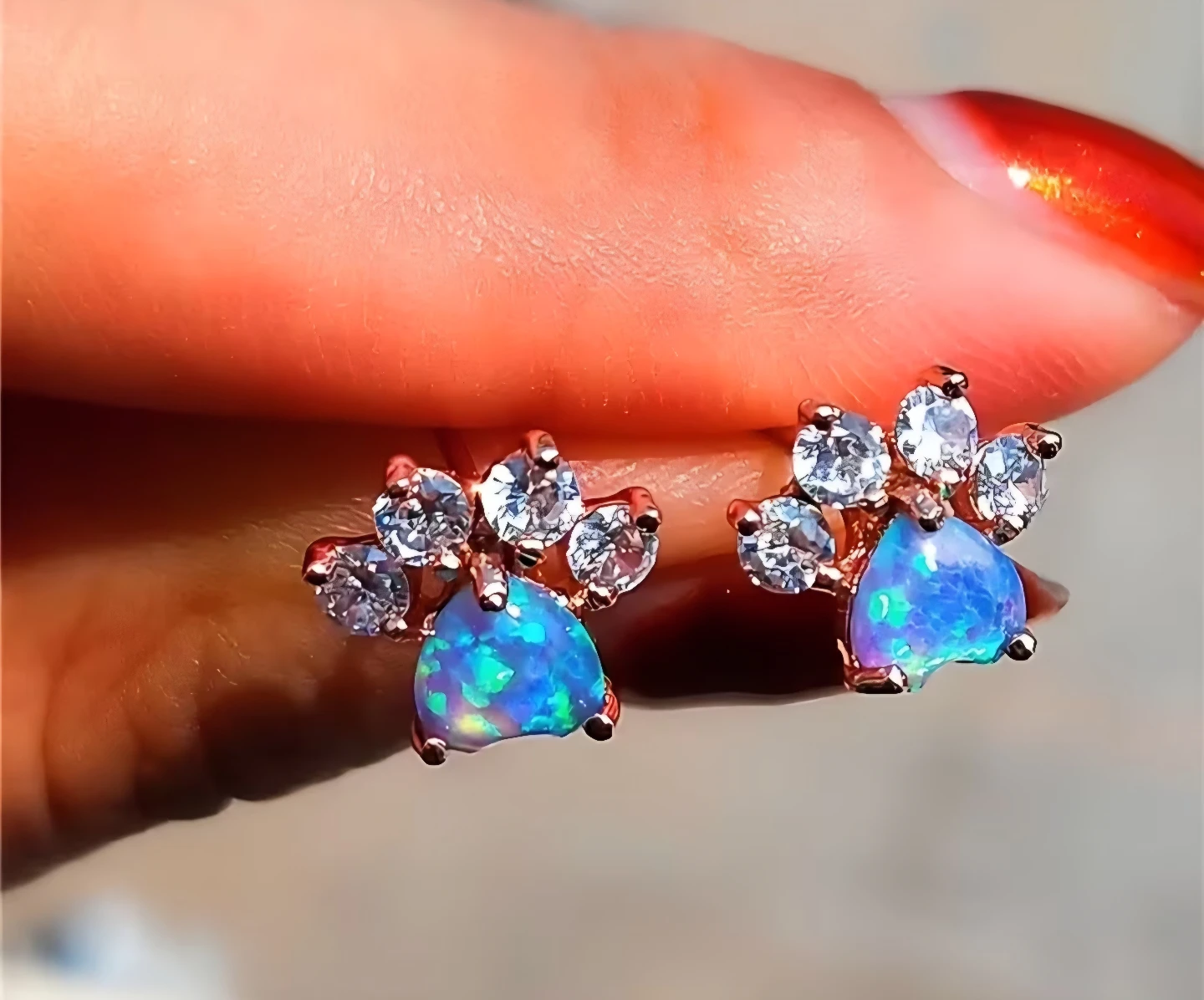 Synthetic Blue Gem Stud Earrings with Synthetic Diamond Pet Paw