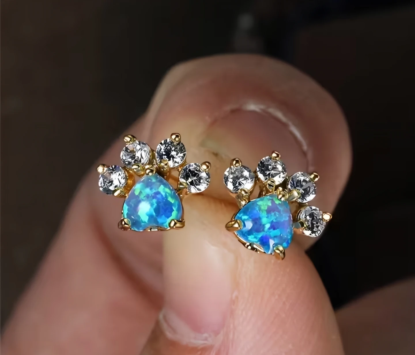 Synthetic Blue Gem Stud Earrings with Synthetic Diamond Pet Paw - photo 2