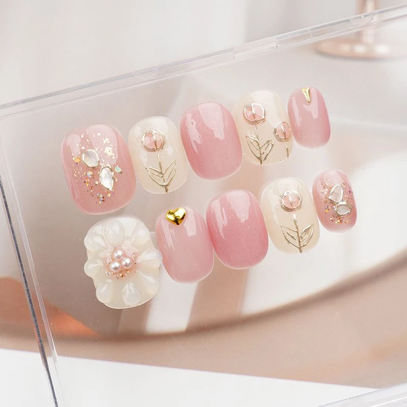 Handmade Press-On Nails with Floral & Heart Designs
