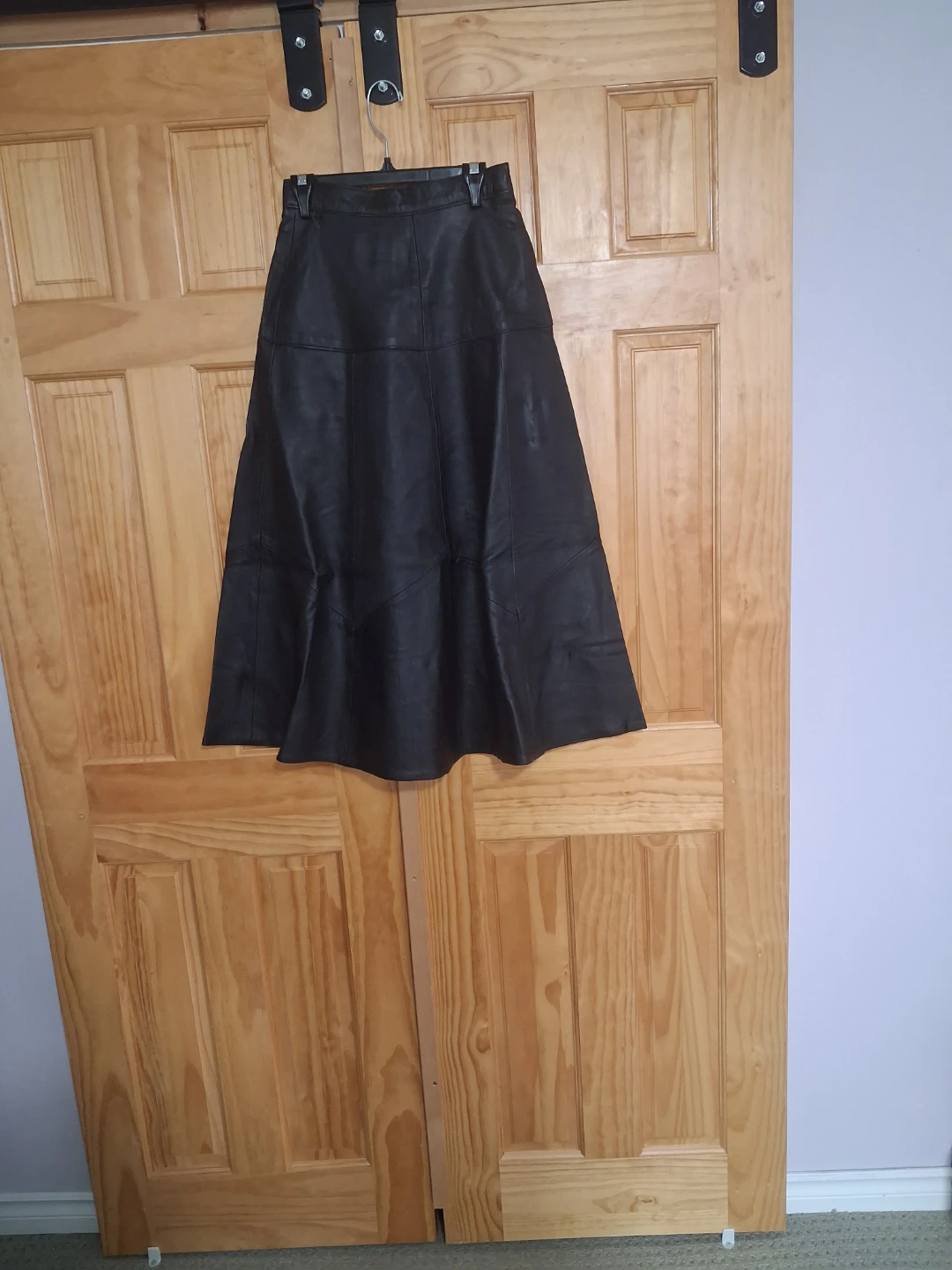 Black Leather A-Line Midi Skirt