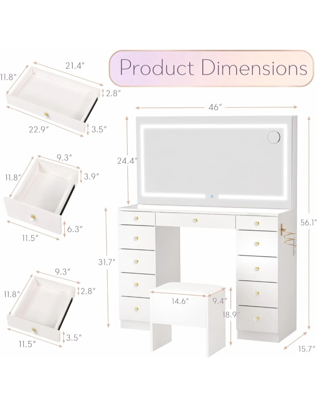 Pamapic White Vanity Desk with LED Mirror and Stool - photo 2
