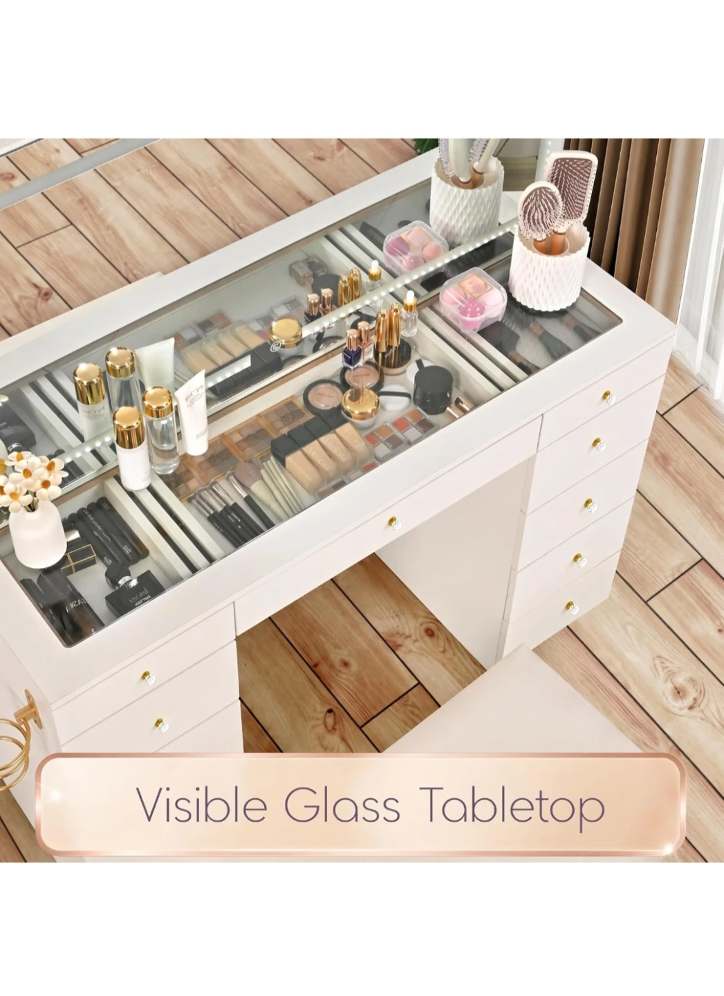 Pamapic White Vanity Desk with LED Mirror and Stool - photo 3