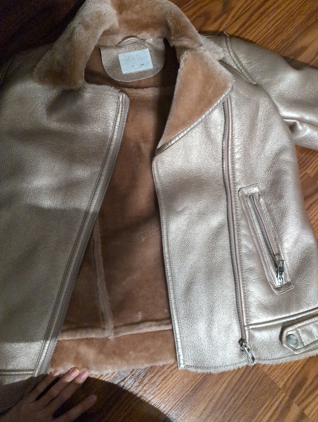 Zara Girls Gold Faux Leather Shearling Lined Biker Jacket - photo 2