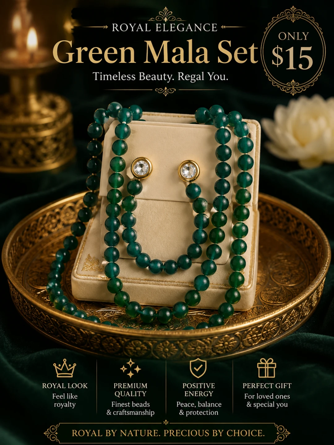 Royal Elegance Green Mala Set with Earrings