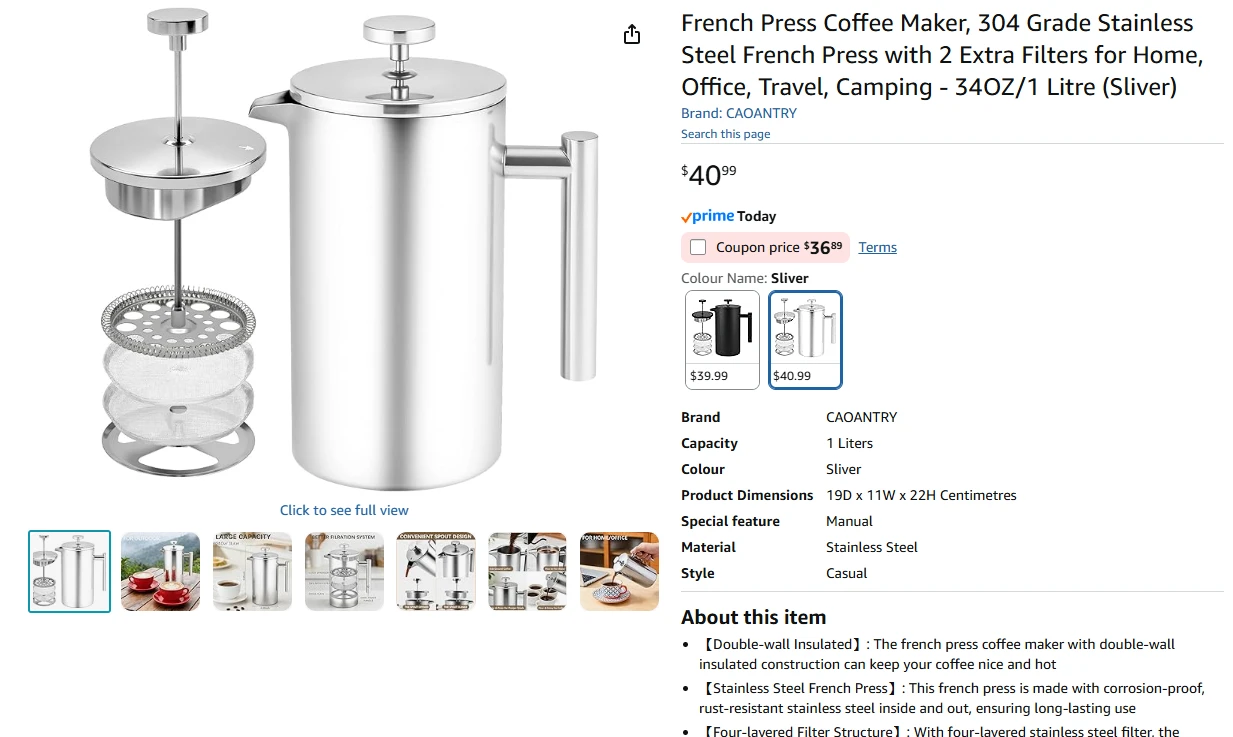 STAINLESS STEEL French Press Coffee Maker 1 Litre - photo 2