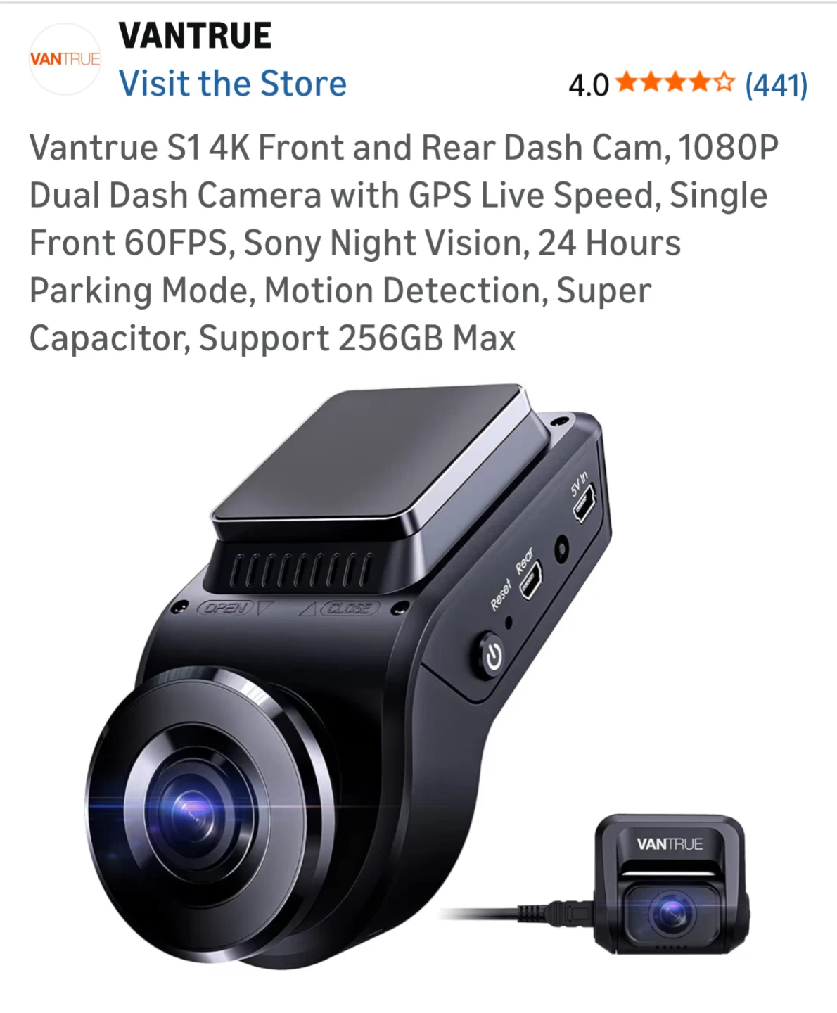 Vantrue OnDash S1 Dash Cam with 64gb microSD