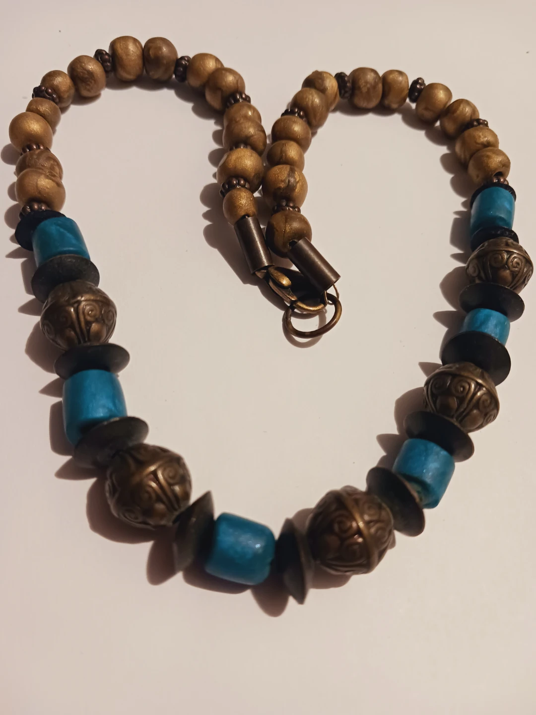 Beaded Necklace with Blue and Bronze Beads