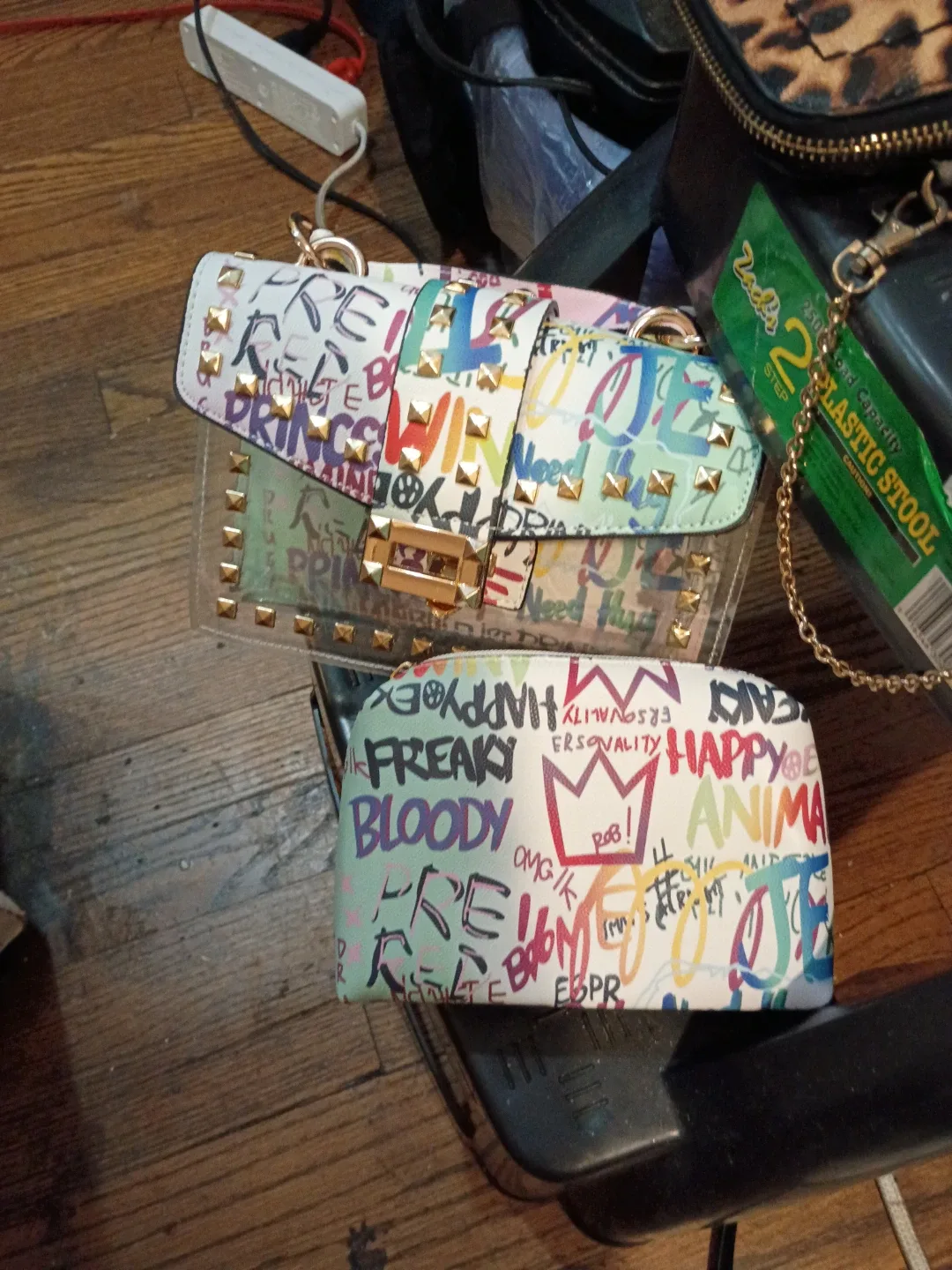 Graffiti Print Studded Clear Crossbody Bag with Matching Pouch